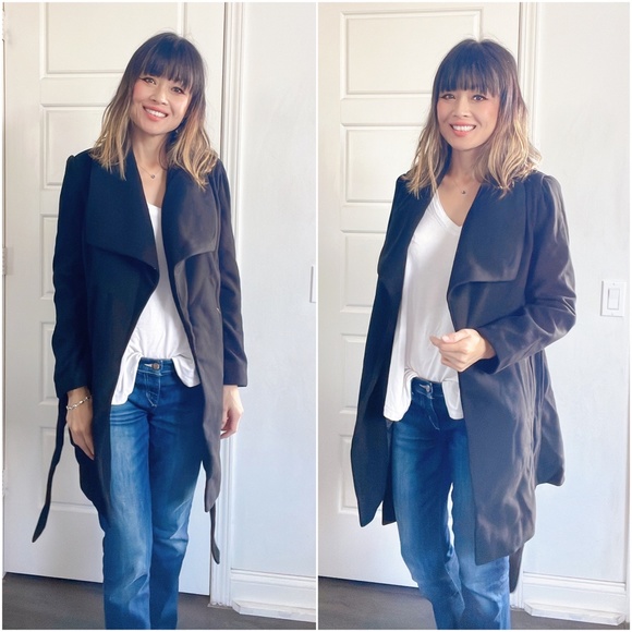 013 Classic Black Wide Collar belted Trench Coat Jacket - Picture 2 of 4